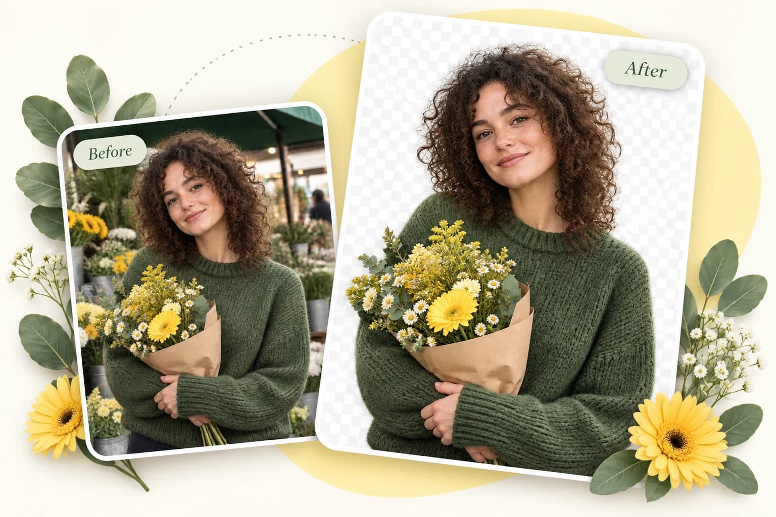 Before and after removing a flower-market background from a curly-haired portrait while preserving the hair and bouquet