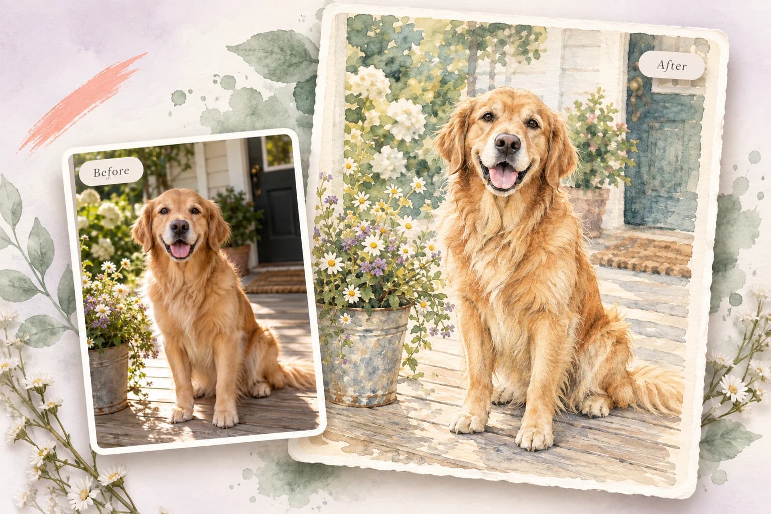A golden retriever photograph transformed into a watercolor illustration