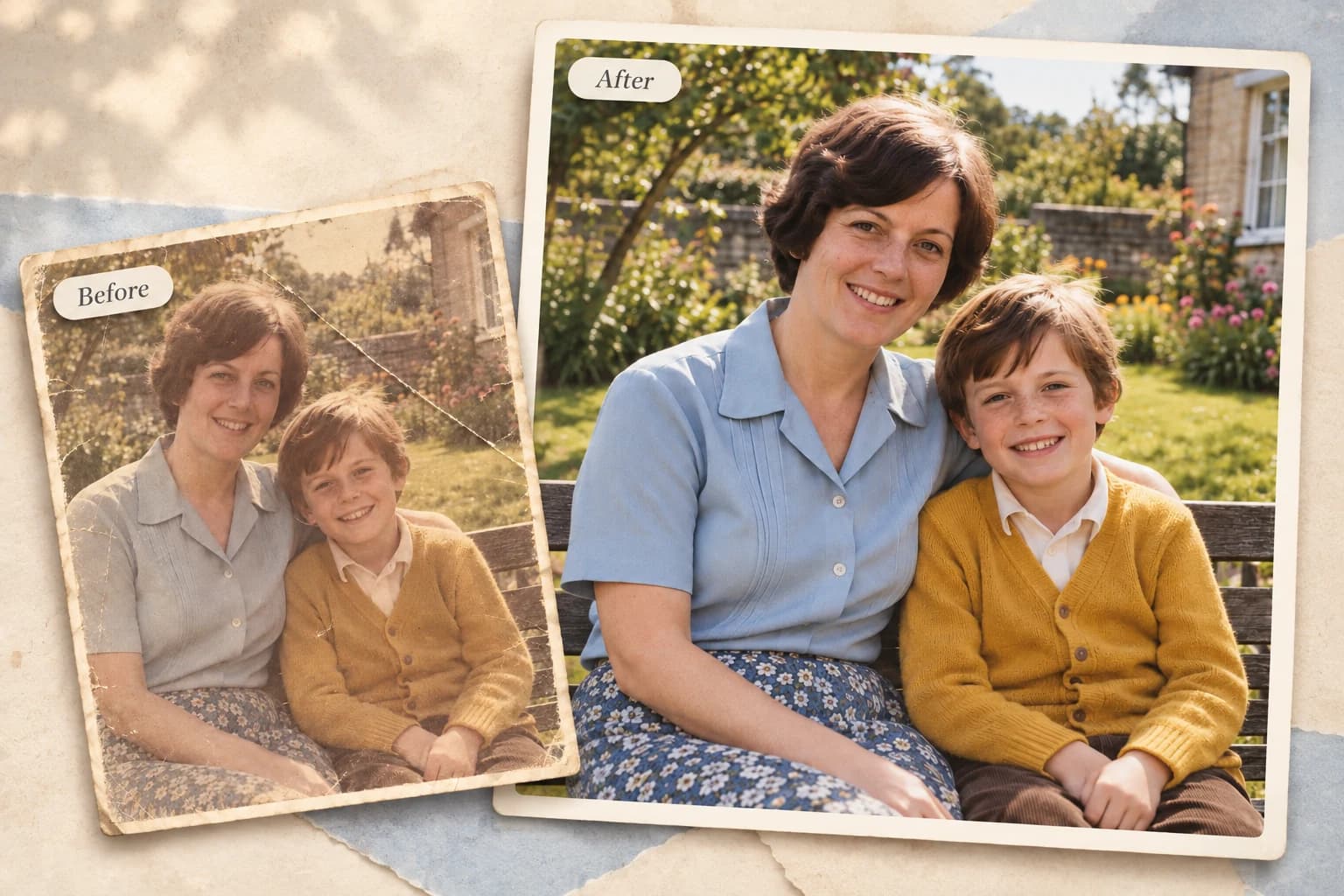 A scratched and faded family photograph beside its restored color version