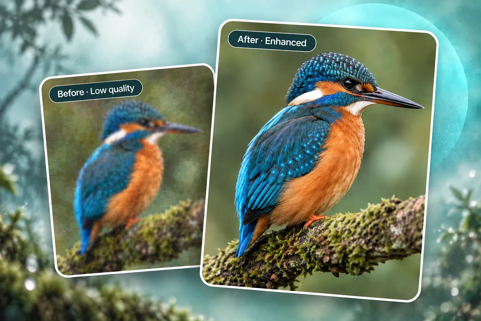 A blurry kingfisher photograph beside an enhanced version with clearer feather detail