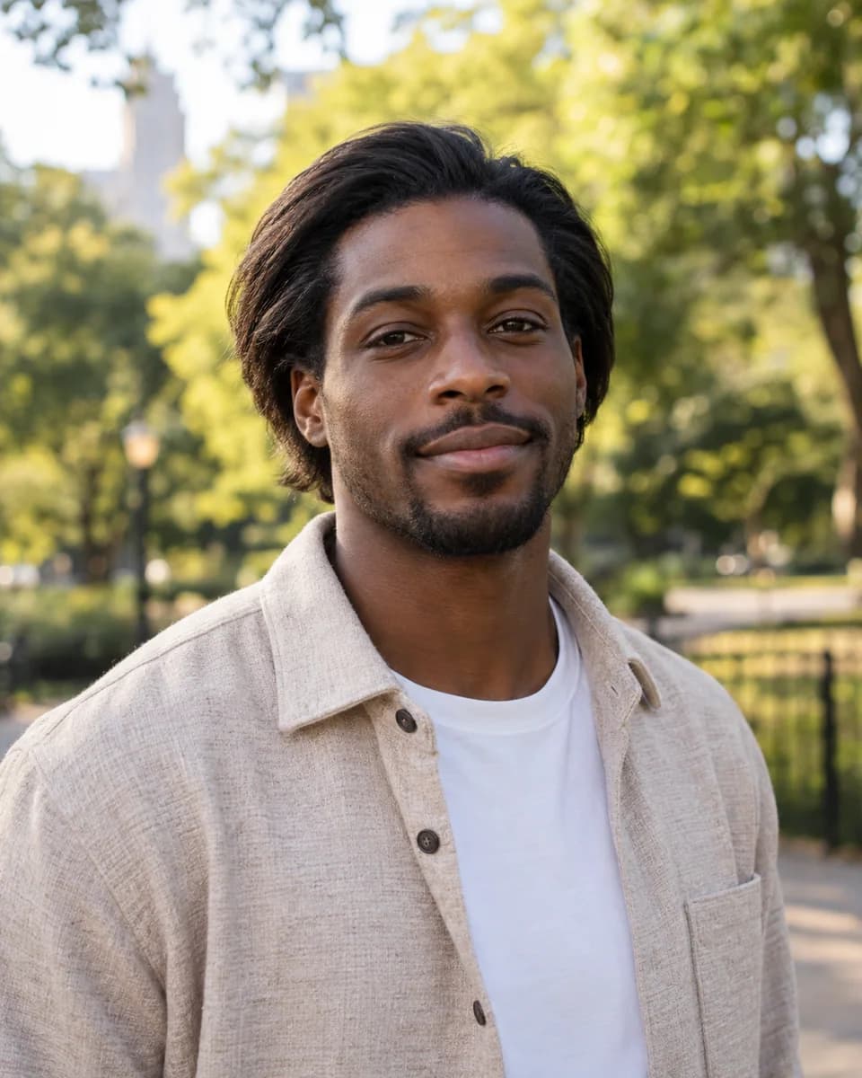 AI Hairstyle Changer comparison of one man in a park before and after defined curls original