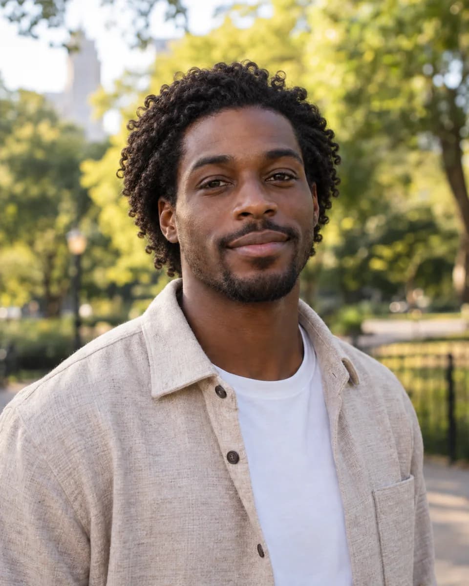 AI Hairstyle Changer comparison of one man in a park before and after defined curls result