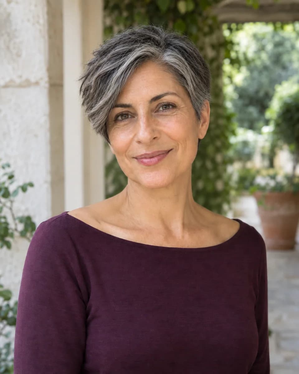 AI Hairstyle Changer comparison of one mature woman before and after a salt-and-pepper pixie cut result