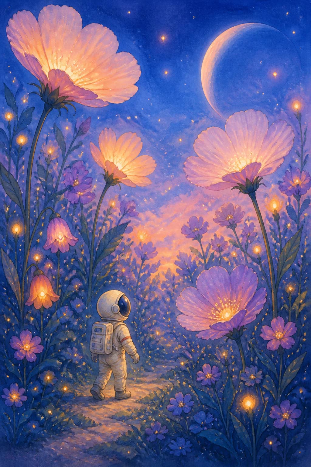 Vertical watercolor astronaut illustration created as an AI Image Agent example