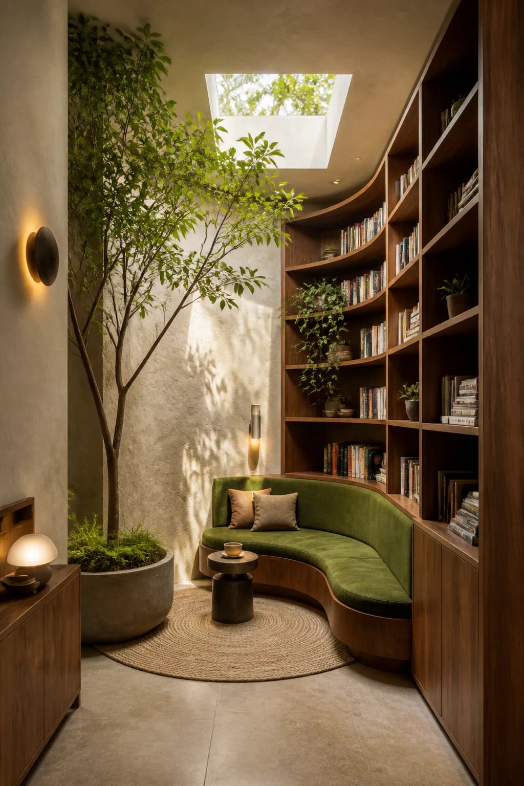 Vertical biophilic reading nook visual created as an AI Image Agent example