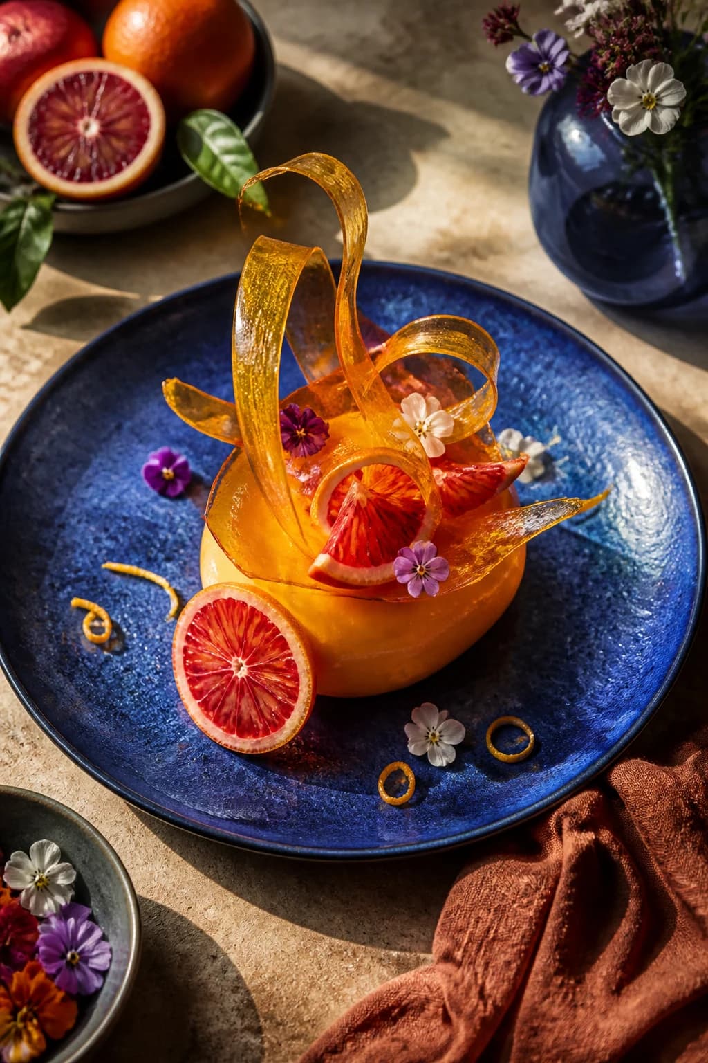 Vertical editorial food photograph of a sculptural citrus dessert
