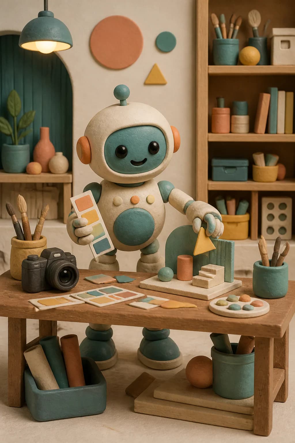 Vertical clay robot artwork created as an AI Image Agent example