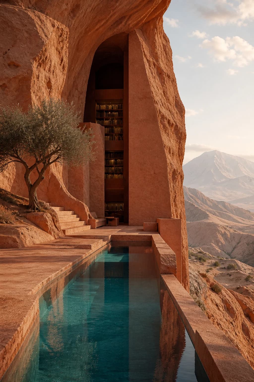 Vertical architectural concept of a library carved into a desert cliff