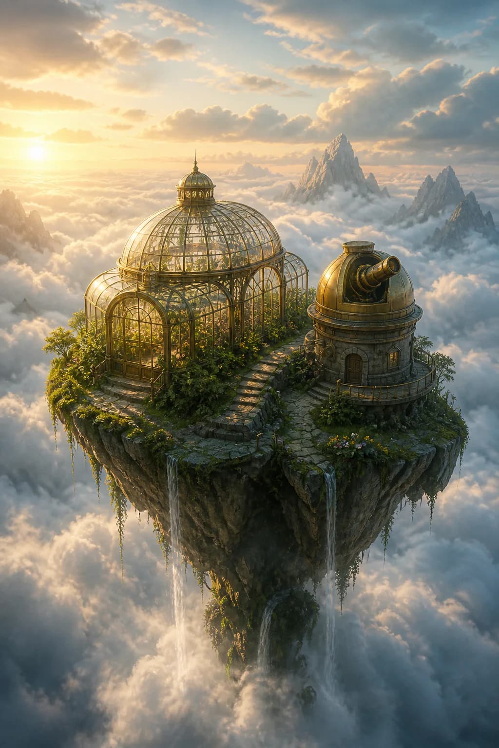 Vertical cinematic floating greenhouse created as an AI Image Agent example