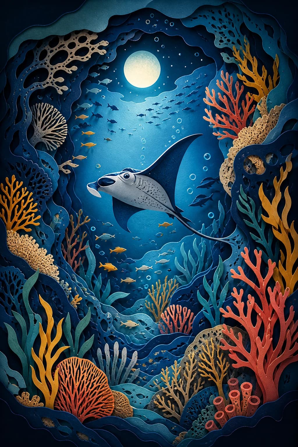 Vertical paper cut ocean illustration with a manta ray and coral