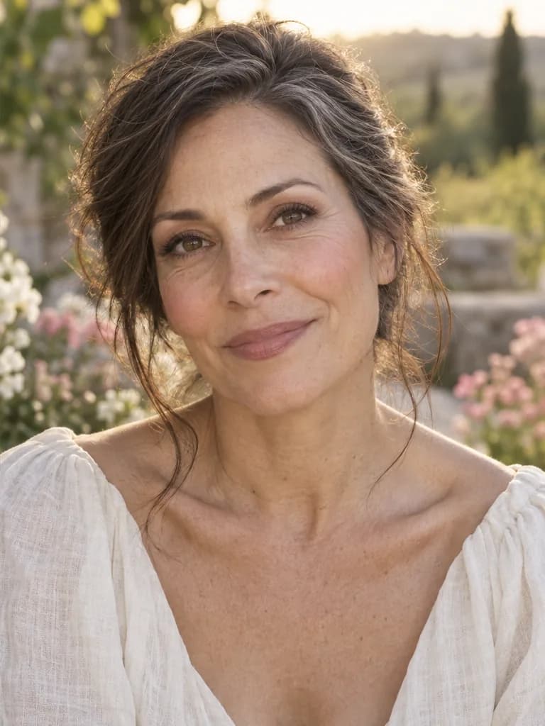 Mature woman with silver strands and natural smile lines in late-afternoon garden light, with romantic soft glam