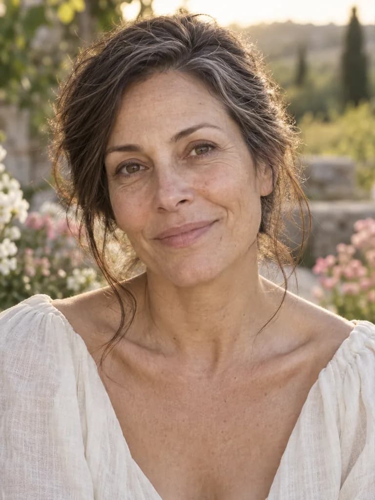 Mature woman with silver strands and natural smile lines in late-afternoon garden light, before makeup
