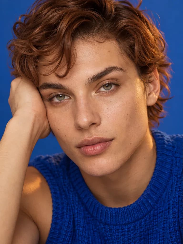 Androgynous auburn-haired adult in cobalt knitwear with expressive graphic eye makeup, before makeup
