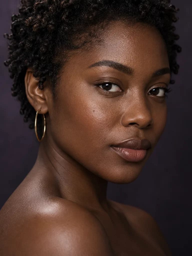 Black woman with natural coils and a gold hoop in intimate sculptural side light, before makeup
