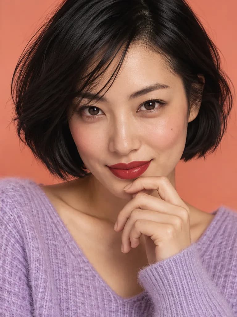 East Asian woman with a short black bob, lilac knitwear, and a playful gaze against coral, with cherry-red confidence