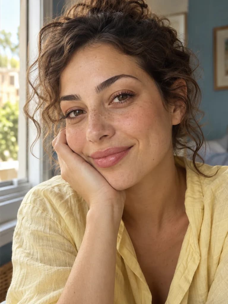 Smiling curly-haired woman resting her cheek on her hand in warm window light, with a soft natural finish