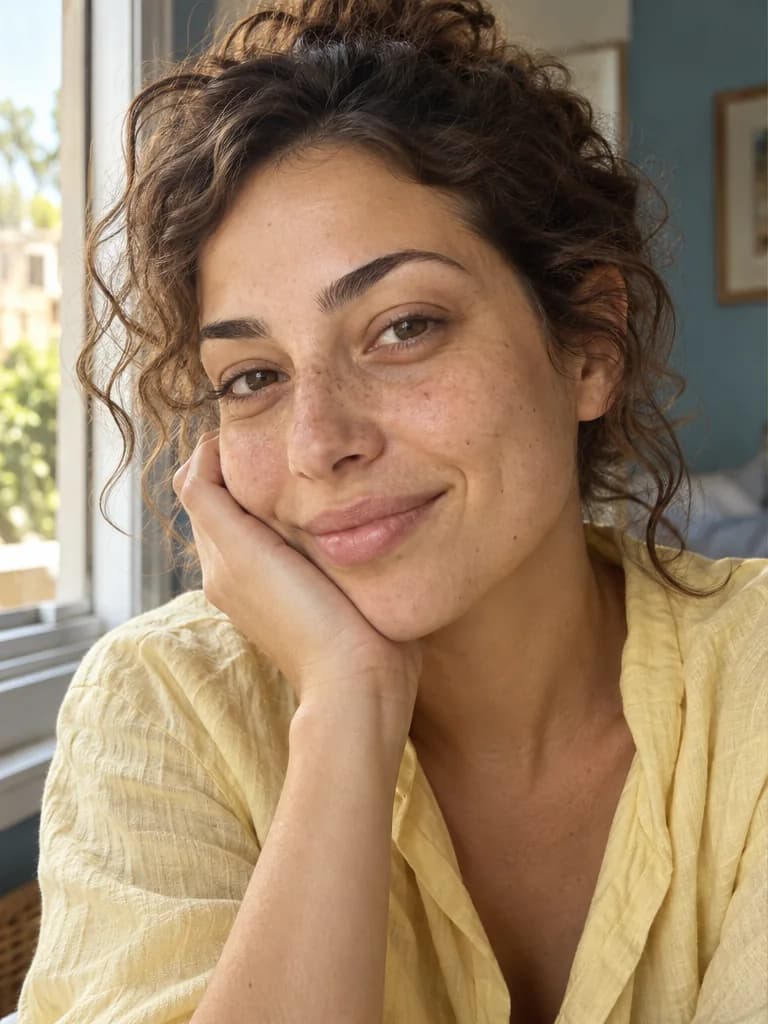 Smiling curly-haired woman resting her cheek on her hand in warm window light, before makeup