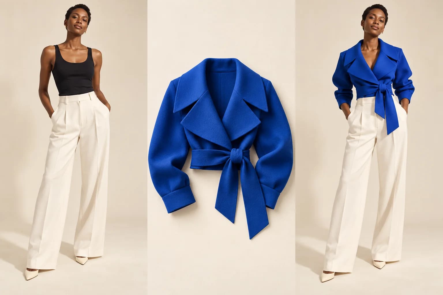 Woman in a black top, a cobalt jacket flat lay, and the same woman wearing the blue jacket