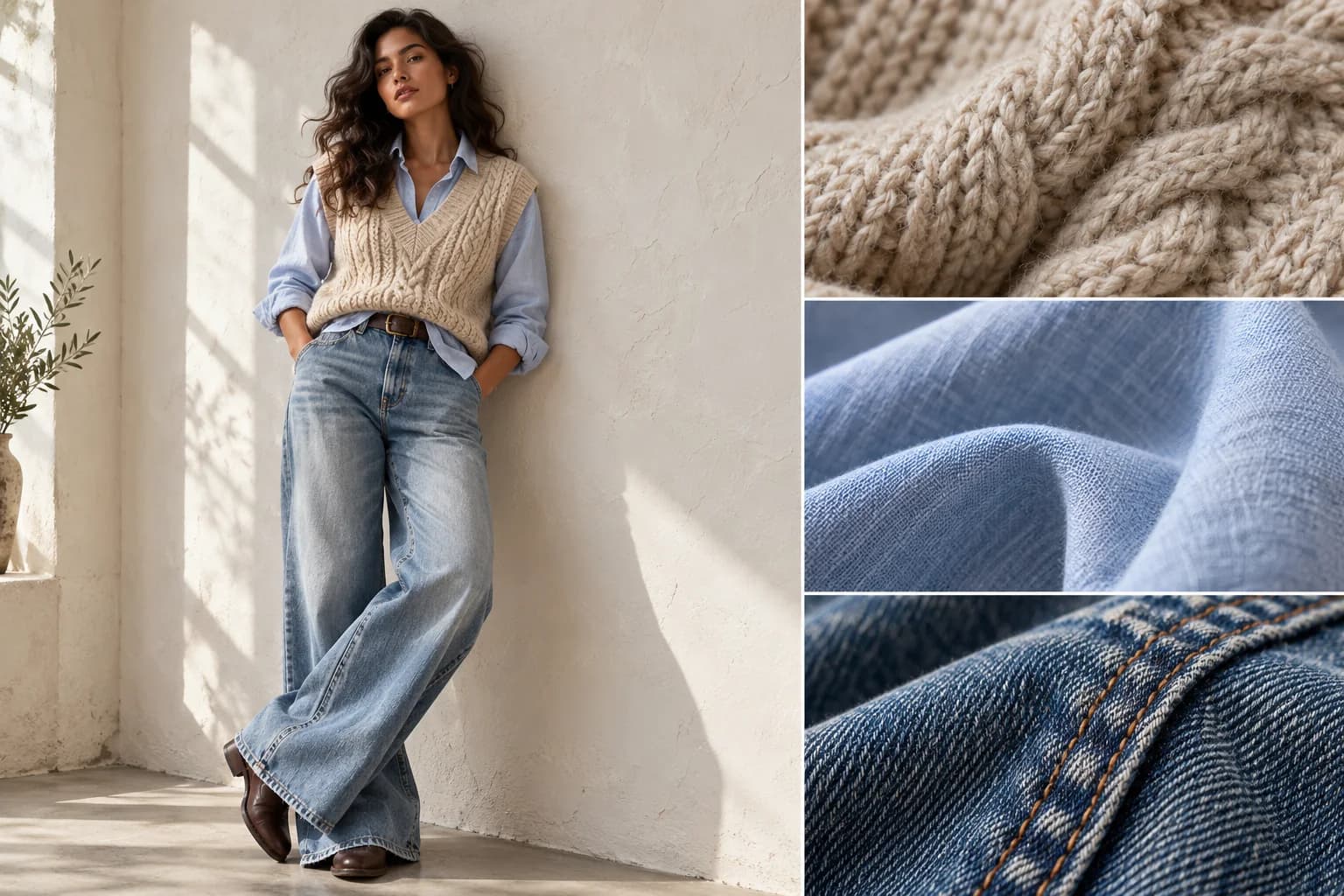 Woman in a knit vest, blue linen shirt and denim, paired with close-up knit, linen and denim textures