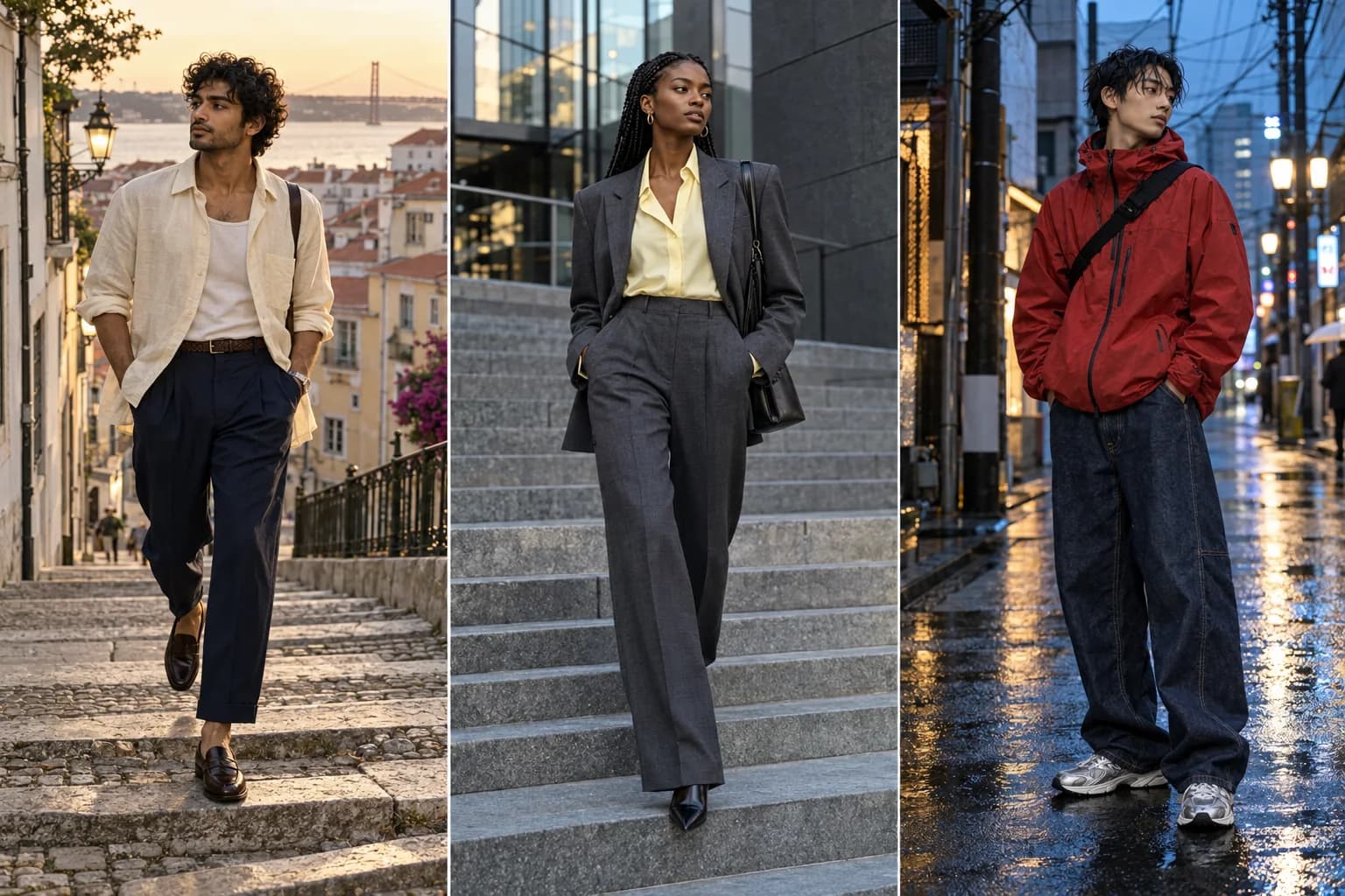 Three distinct fashion looks: linen on Lisbon steps, charcoal tailoring in the city, and red streetwear at dusk