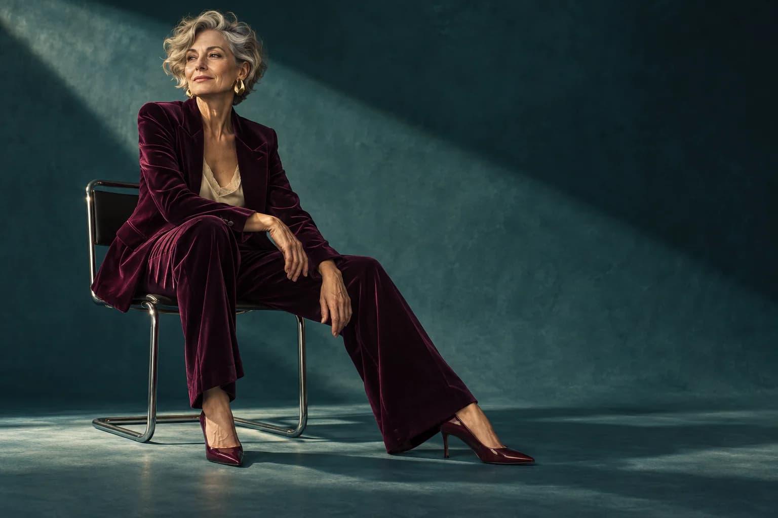 Silver-haired woman in an aubergine velvet suit, seated on a chrome chair in a cinematic teal studio