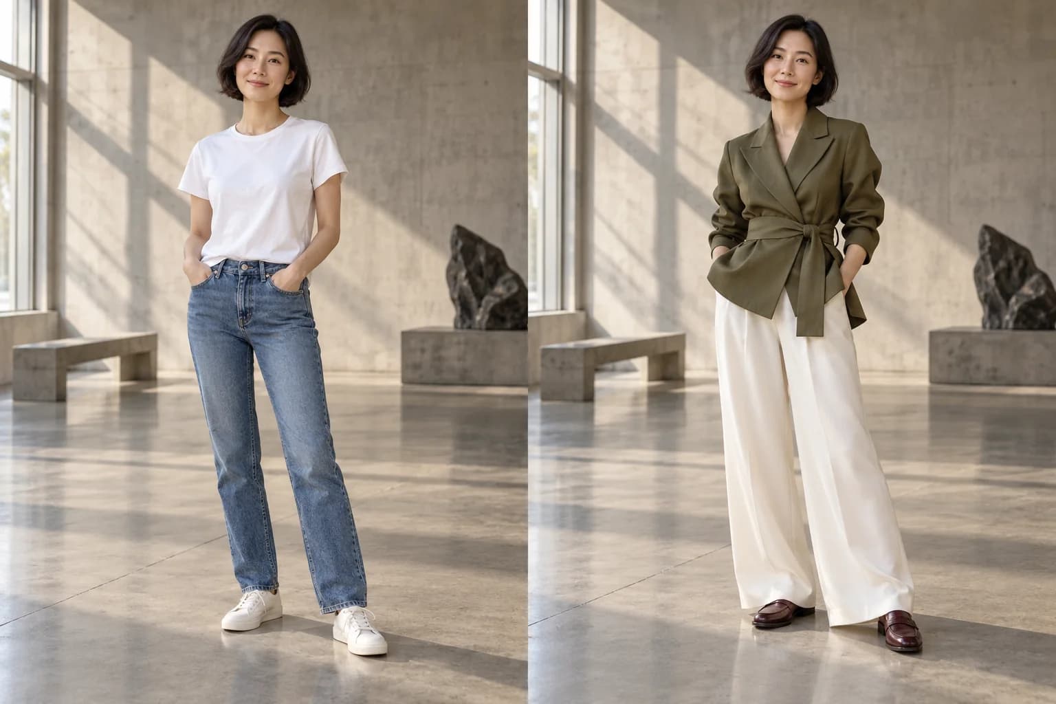 Same woman in a sunlit gallery, first in a white T-shirt and jeans, then an olive jacket and ivory trousers