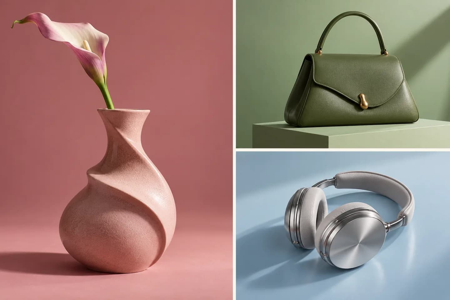 Editorial product collection featuring a pink ceramic vase, green handbag, and silver headphones in coordinated pastel studio settings