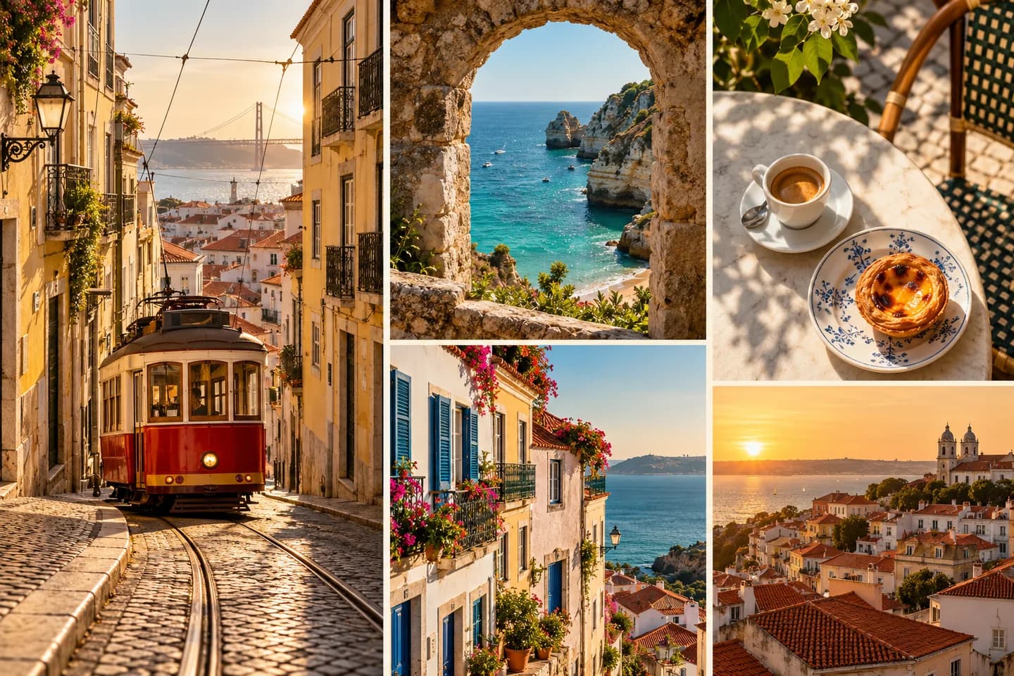 A coordinated travel photo collection with a Lisbon tram, coastal arch, café table, blue shutters, and golden-hour rooftops