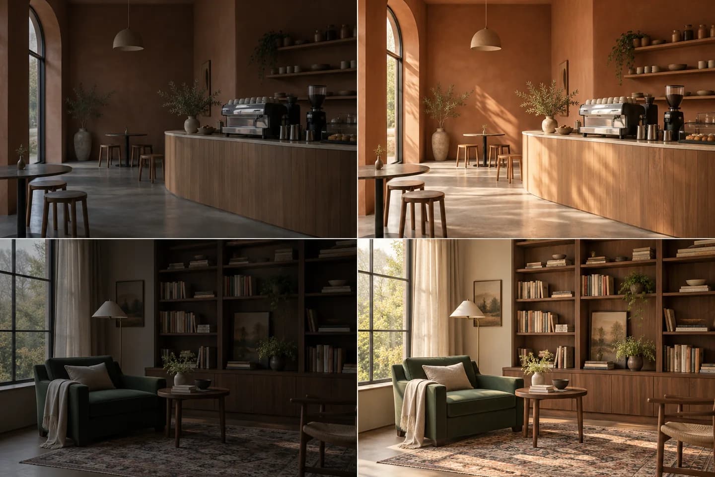 Café and reading room lighting examples, with darker originals on the left and brighter natural-light versions on the right