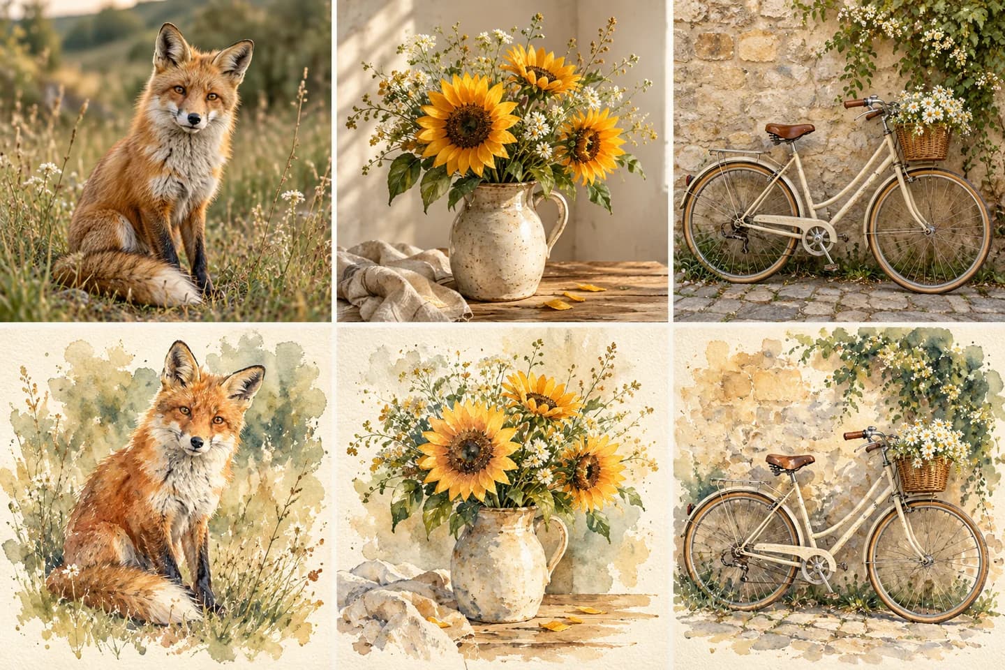 Photographic fox, sunflowers, and vintage bicycle transformed into a coordinated watercolor series on textured paper