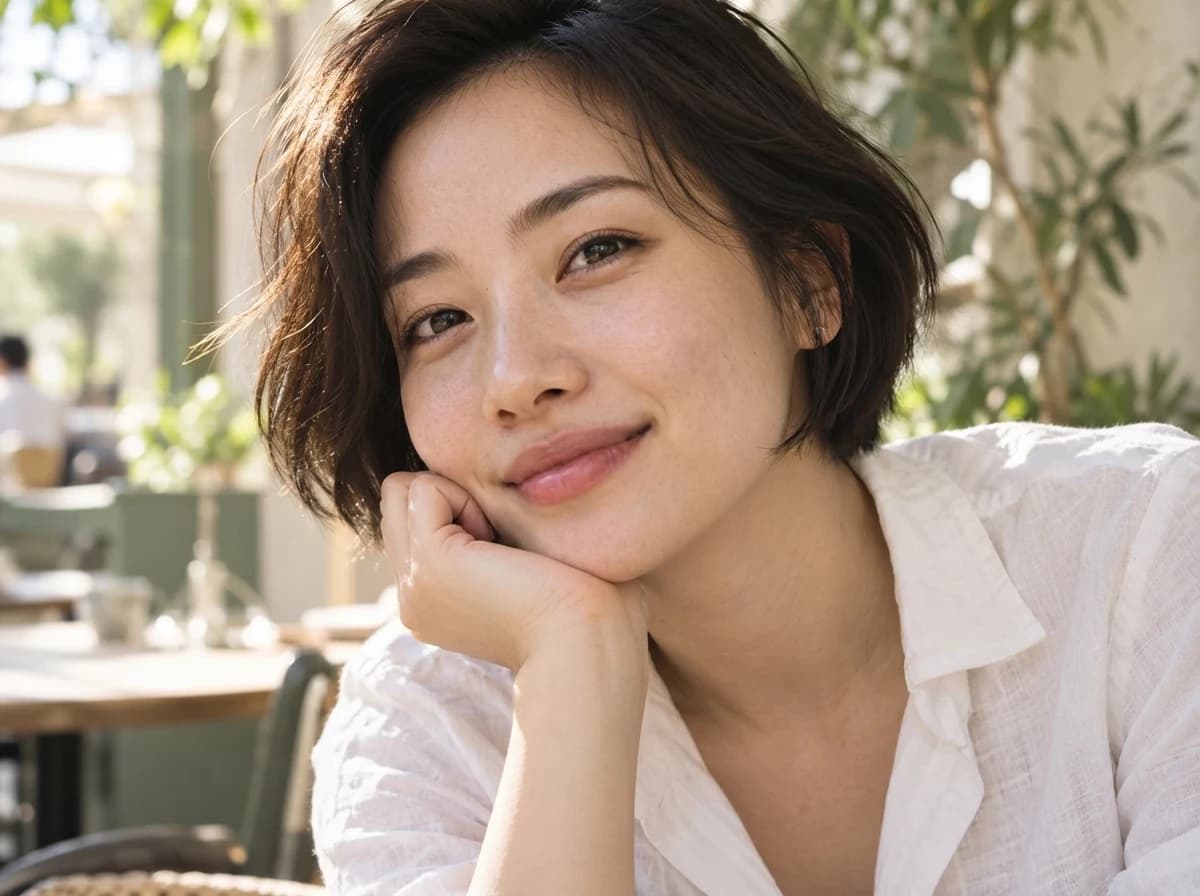 Sunlit cafe portrait before and after a light pimple touch-up result