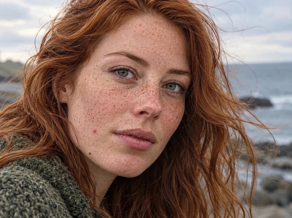 Coastal red-haired portrait with freckles and a beauty mark preserved after pimple removal result
