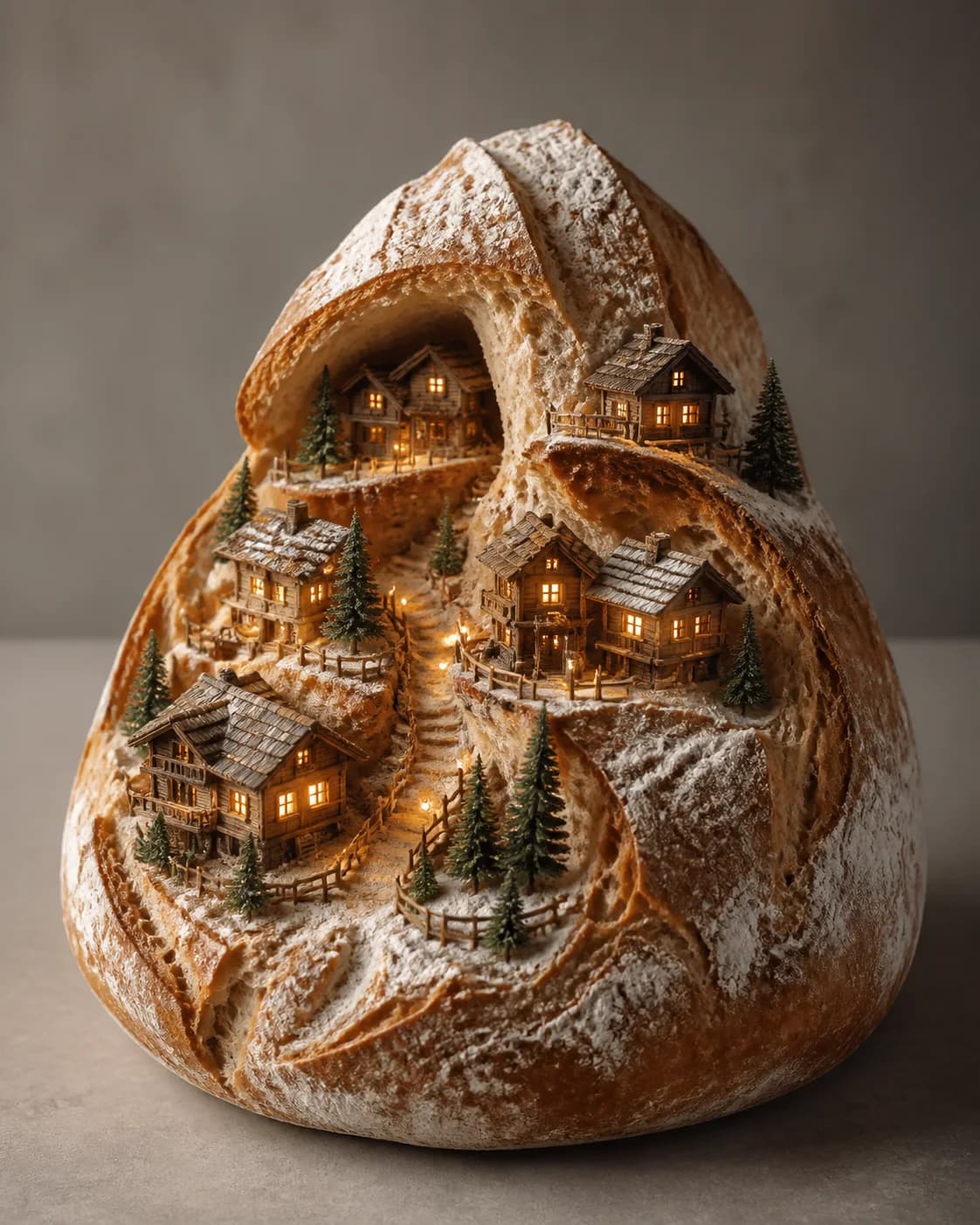 Sourdough loaf transformed into a miniature illuminated alpine village