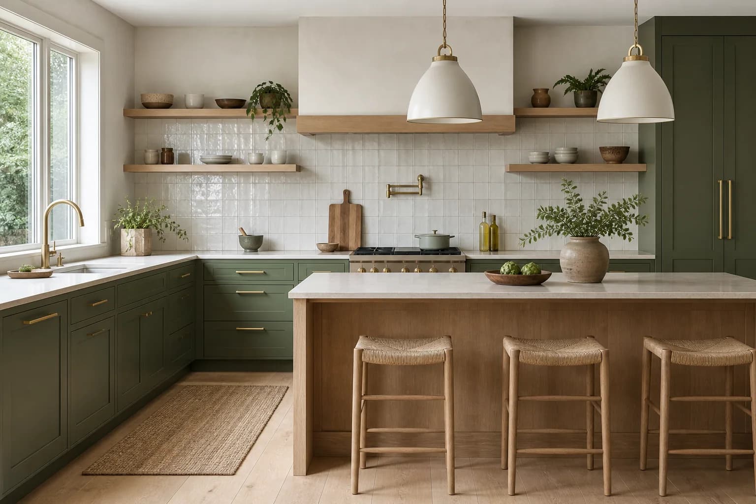Kitchen restyled with moss-green cabinets, oak, tile, and brushed brass