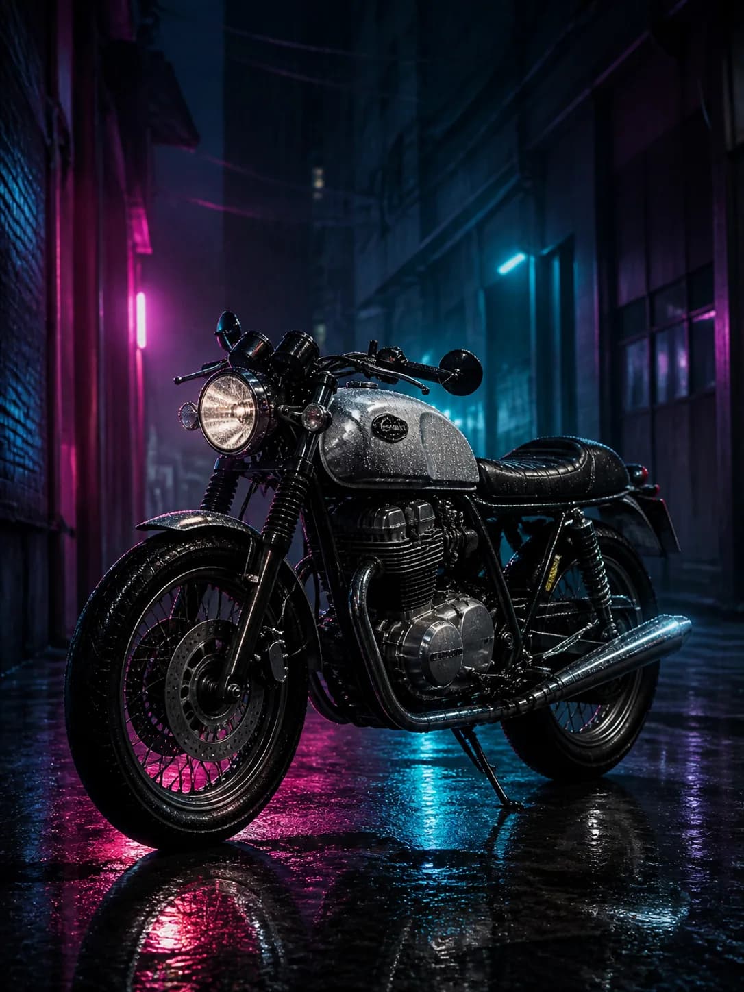 Vintage motorcycle relit in a rainy neon city alley