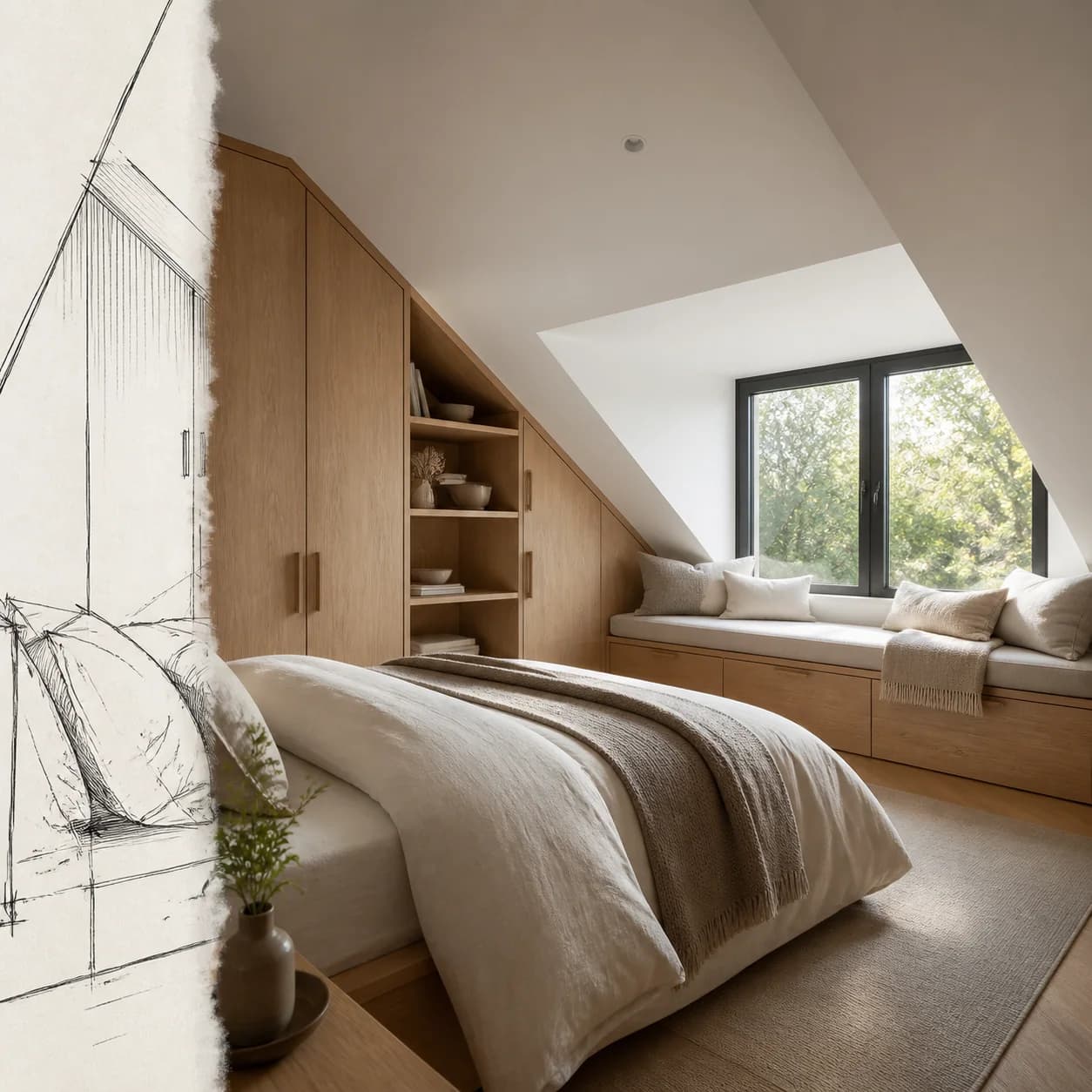 Attic bedroom transformed from a loose sketch into a realistic interior