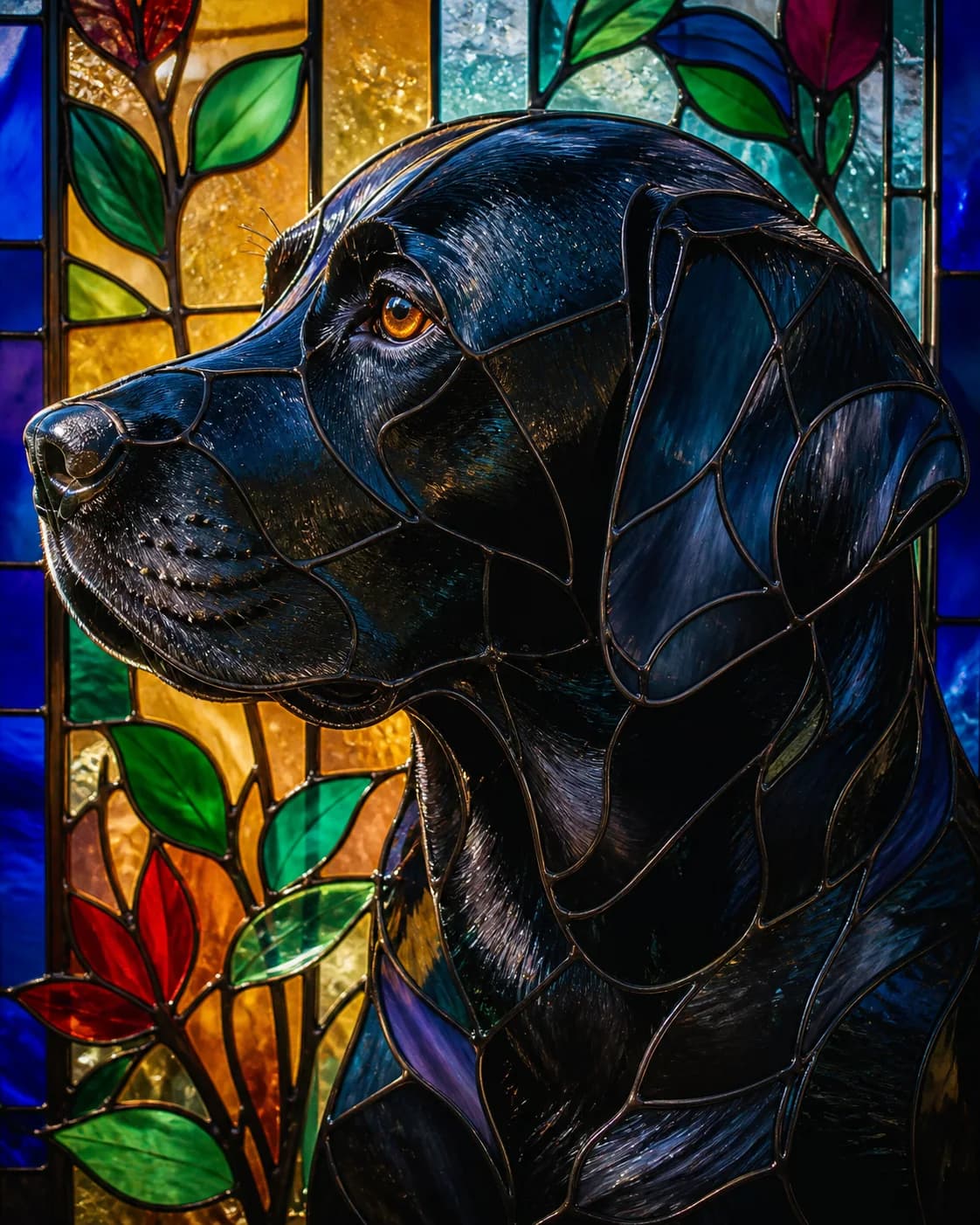 Black dog portrait transformed into luminous stained glass