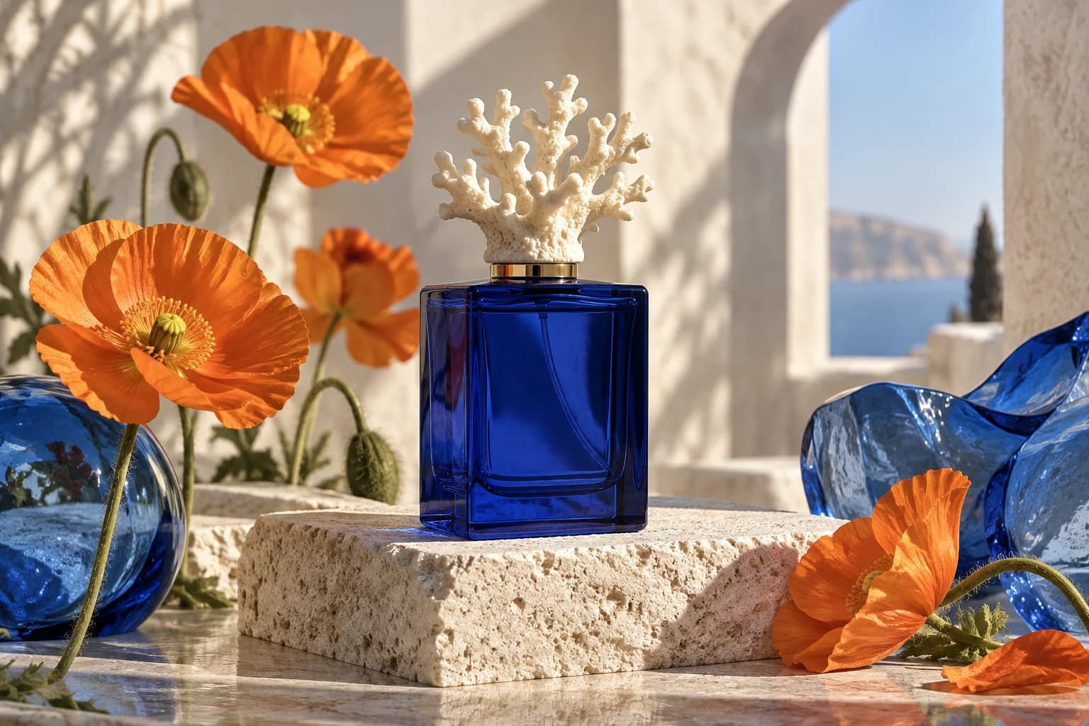 Perfume product scene combining botanical colors and glass forms