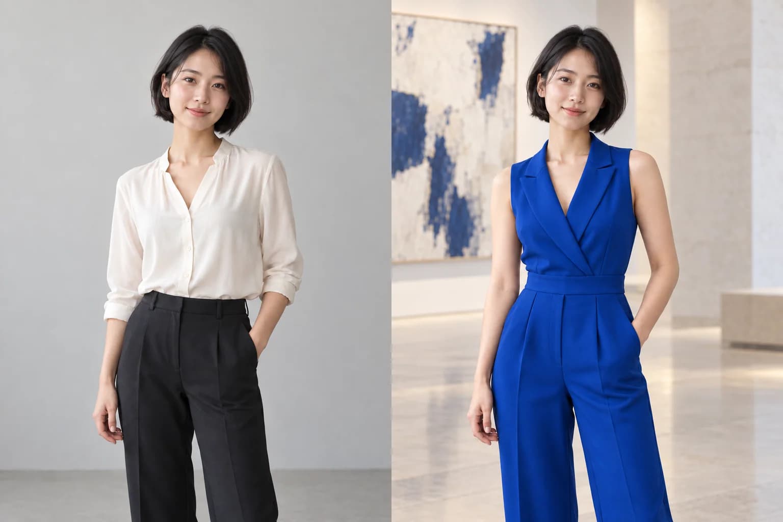 Side-by-side edit of the same woman in an ivory blouse and a blue outfit