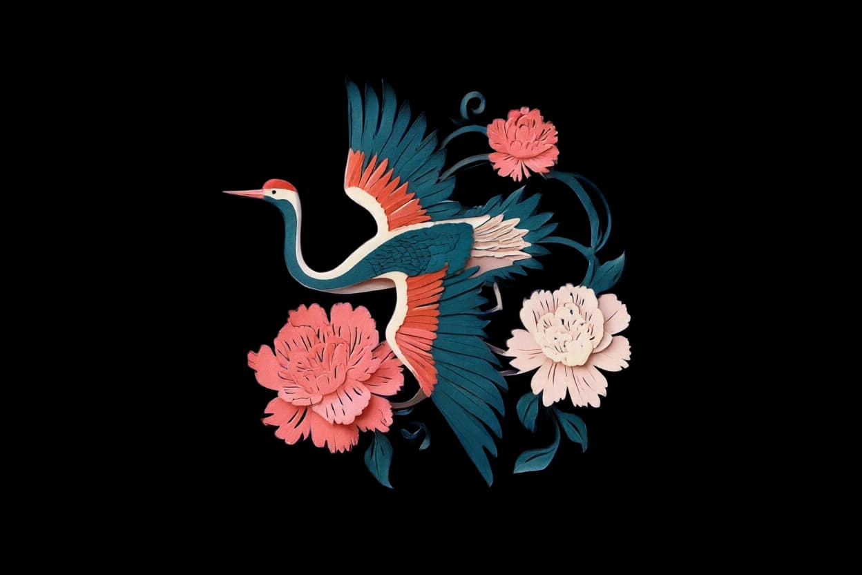 Transparent paper-cut crane and peony asset generated with Qwen Image 2.1