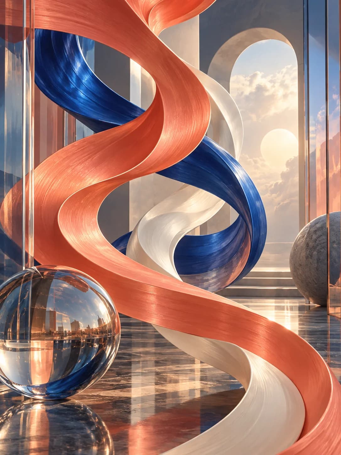Coral and cobalt abstract sculptural ribbons