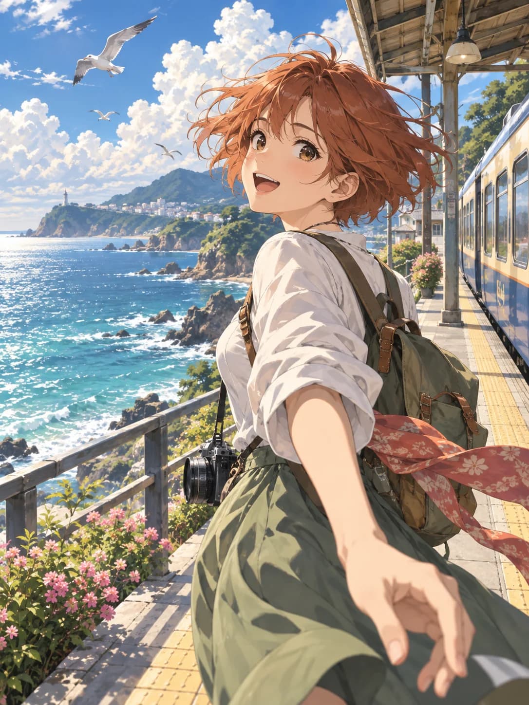 Anime traveler at a sunny coastal train platform