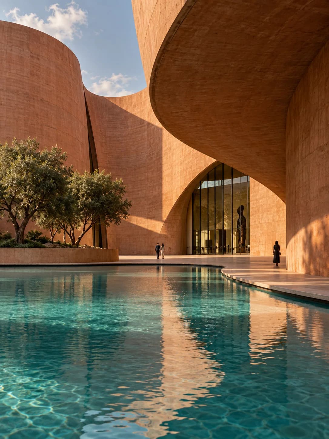 Terracotta museum architecture and turquoise reflecting pool