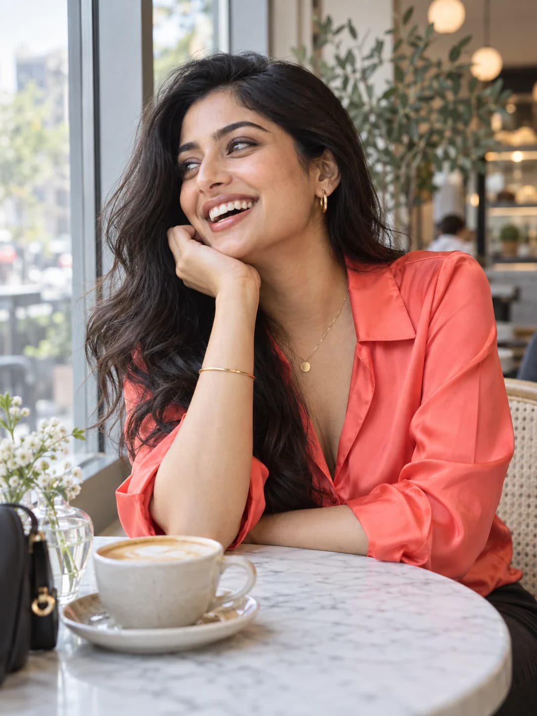 Woman in a coral blouse laughing by a cafe window