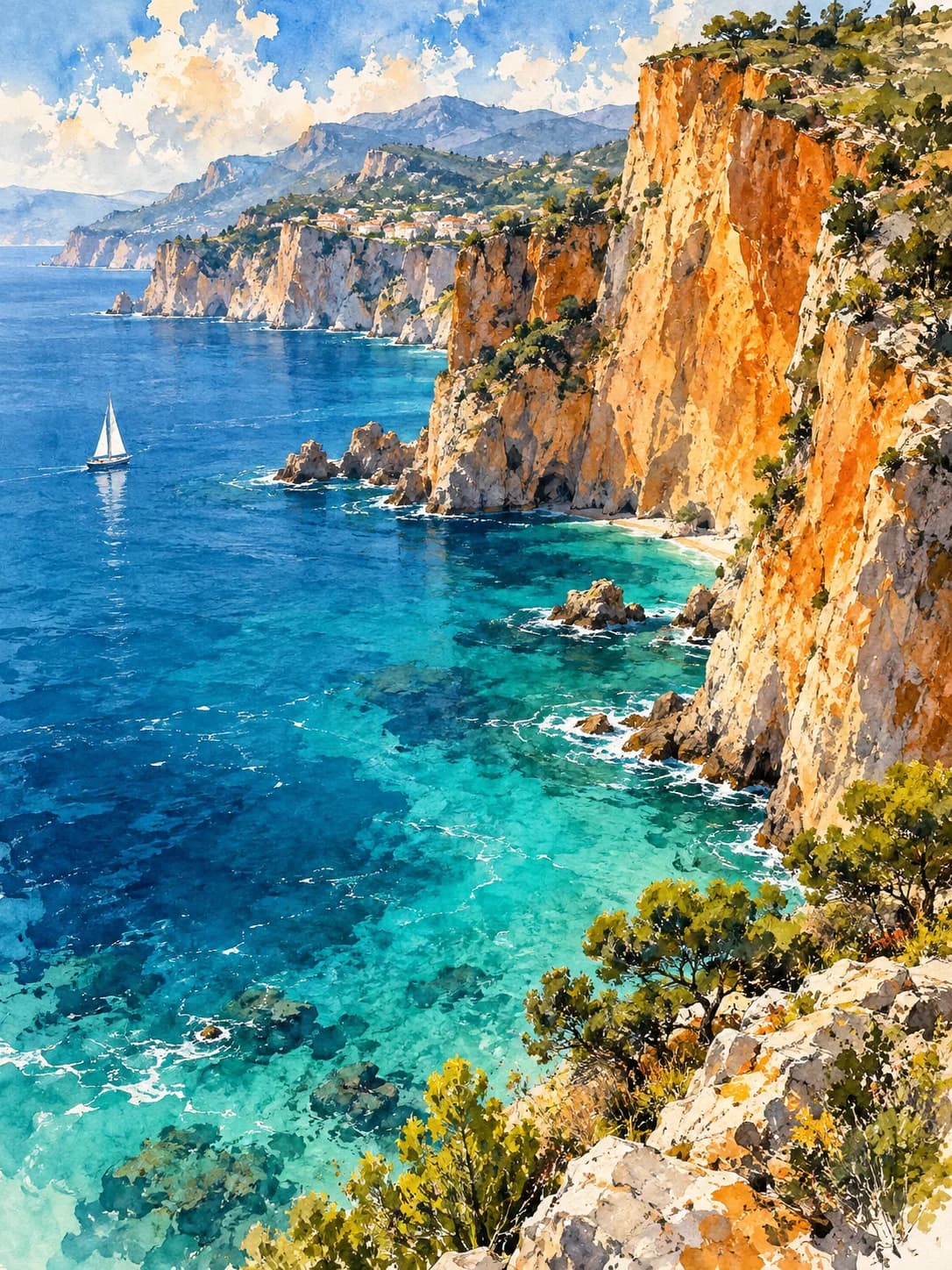 Watercolor sea and orange coastal cliffs