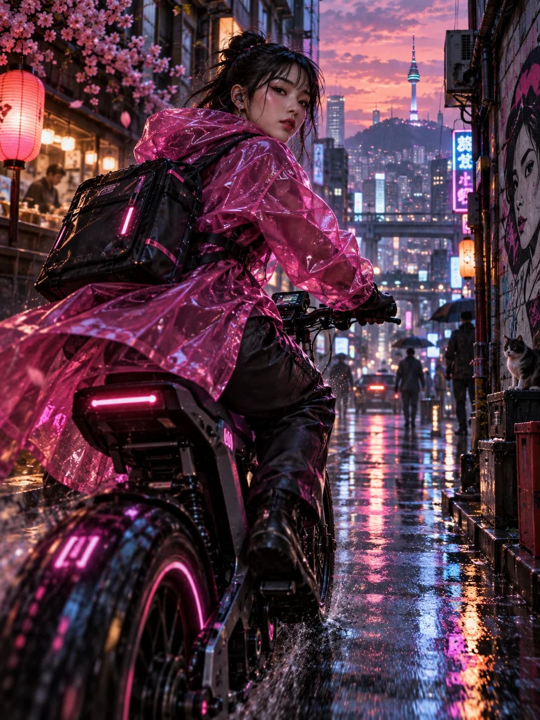 Cyberpunk courier in a magenta coat on a neon city street