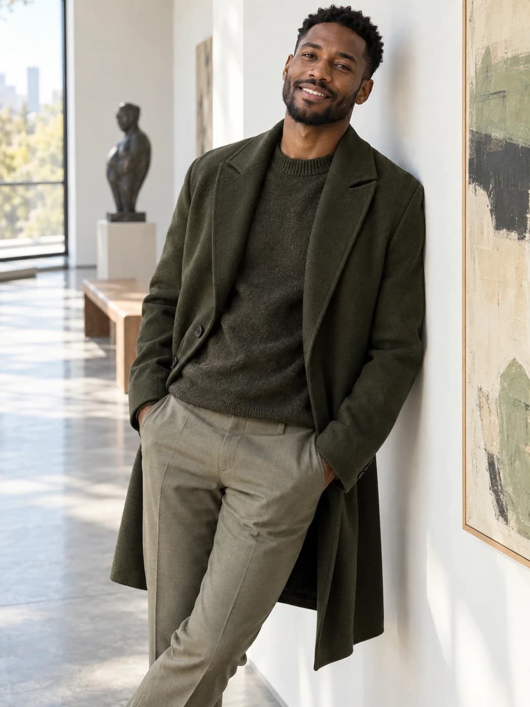 Man in an olive coat in a sunlit modern gallery