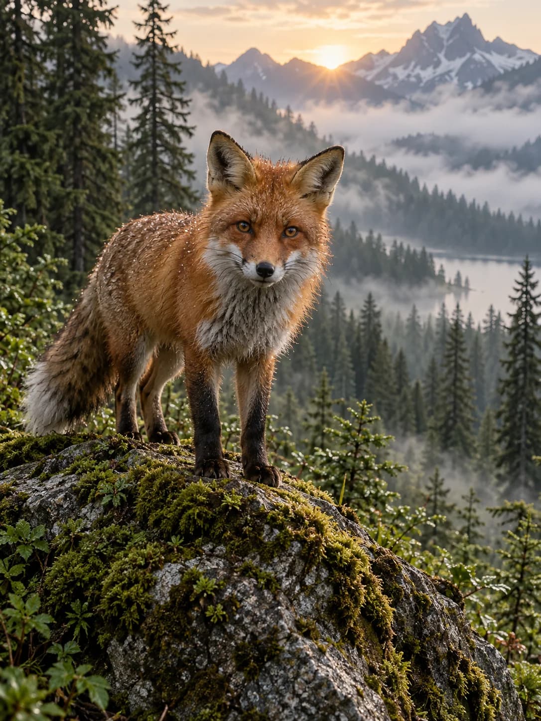 Red fox in a misty alpine forest