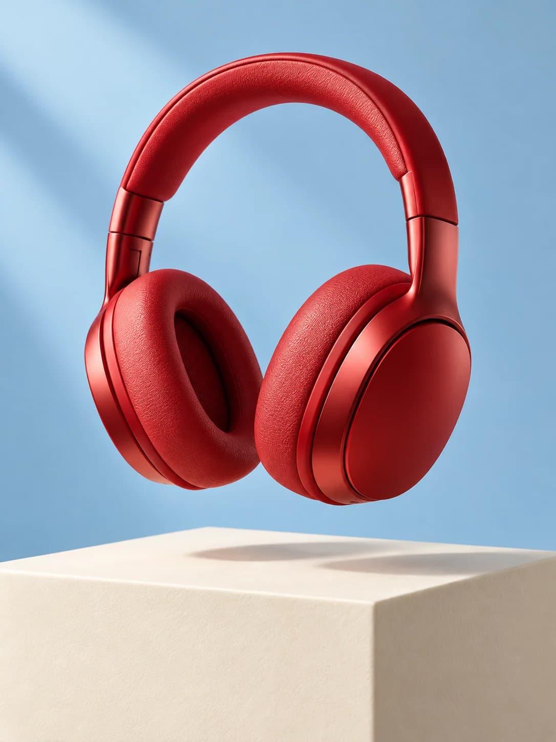 Cherry-red headphones in a contemporary product still life