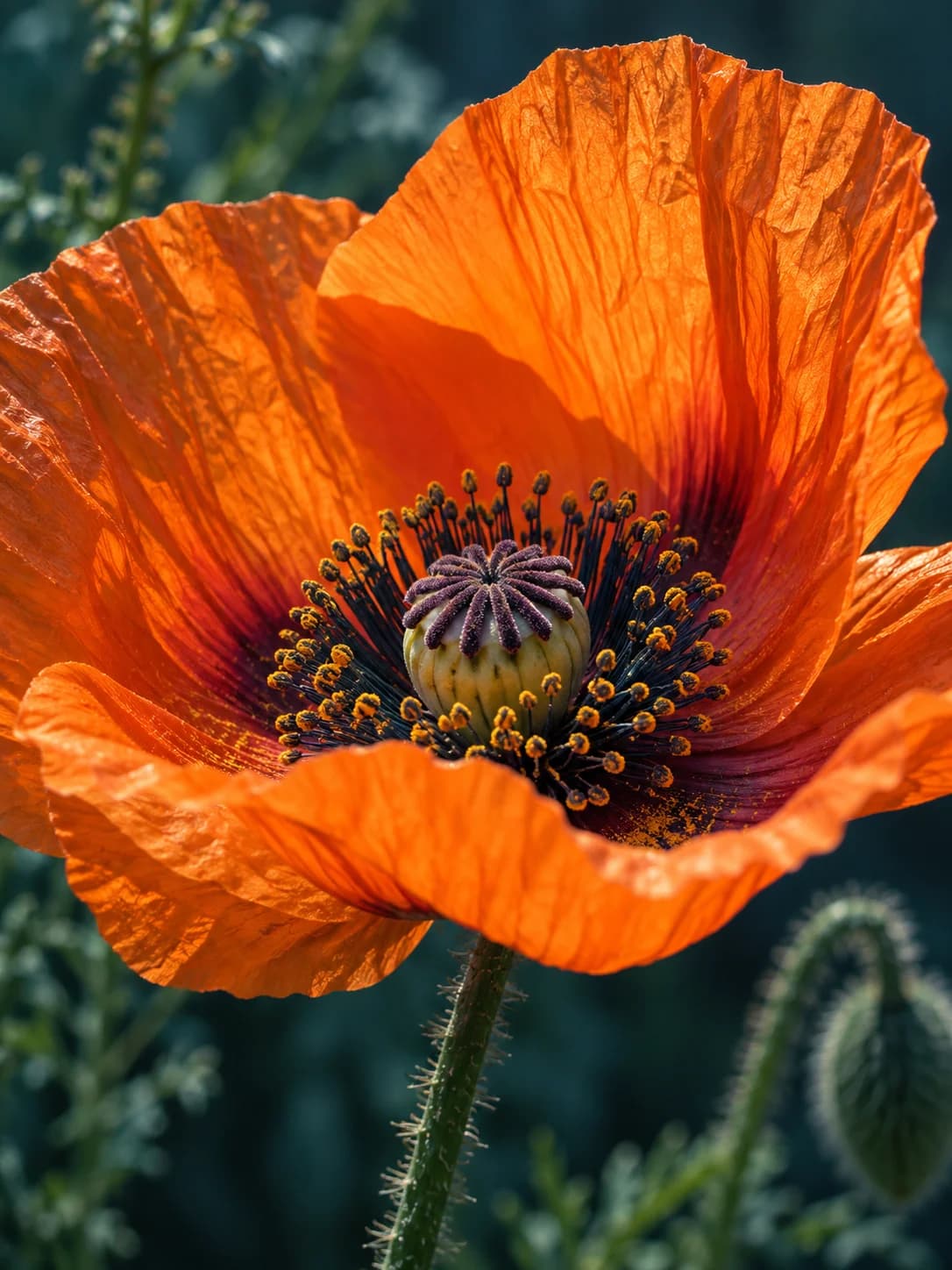 Orange poppy photographed close against a deep teal background